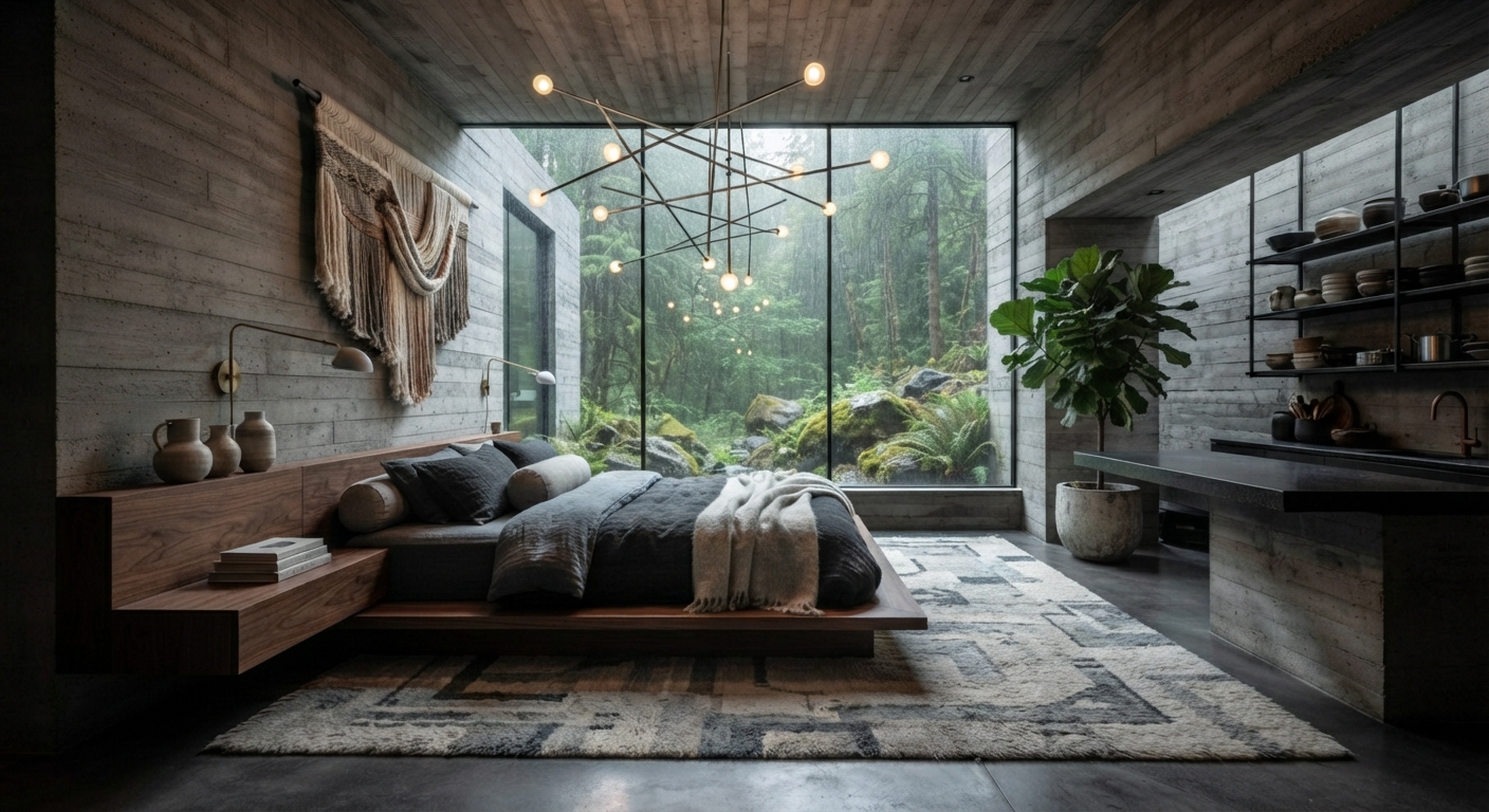 Modern living room with grey sectional, wood coffee table, and fiddle leaf fig